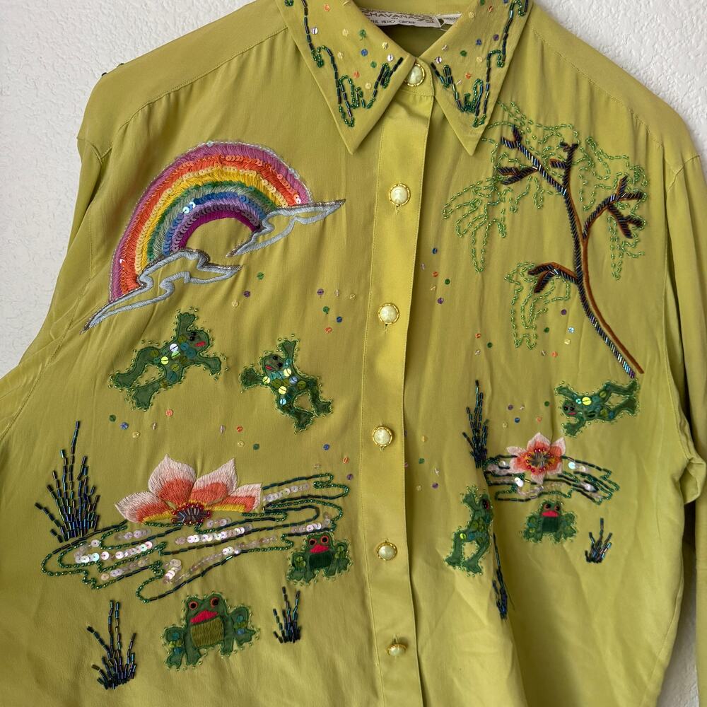 Vintage Green Silk Sequin Embroidered Rainbow Frog Button Up Top - Picture 4 of 8